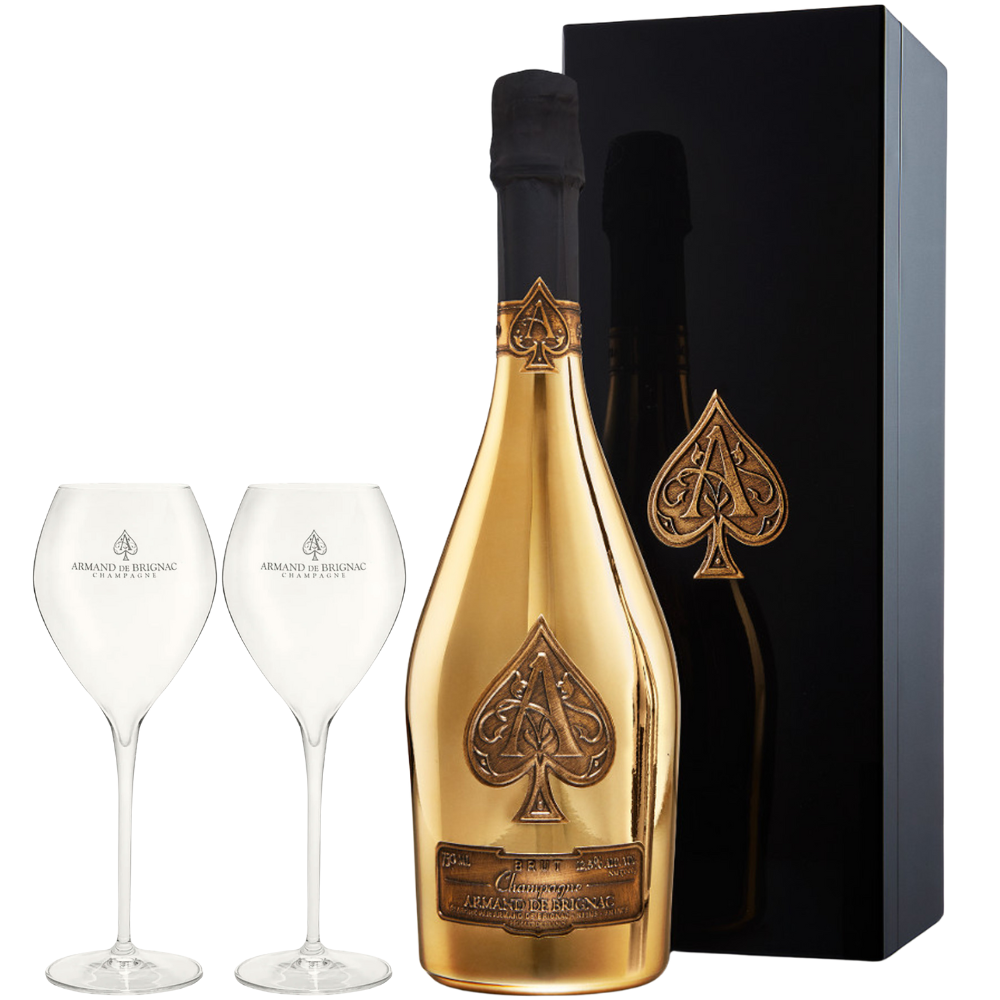 (BF) Armand De Brignac Ace Of Spades Brut Gold W/2 Crystal Branded Glasses_Nestor Liquor