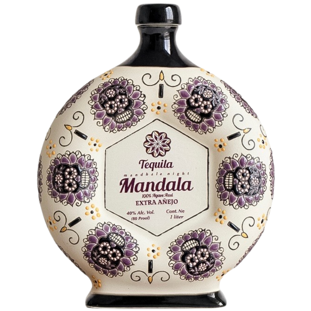 Mandala Six Guardians of Time Extra Anejo tequila bottle with hand-painted sugar skull design