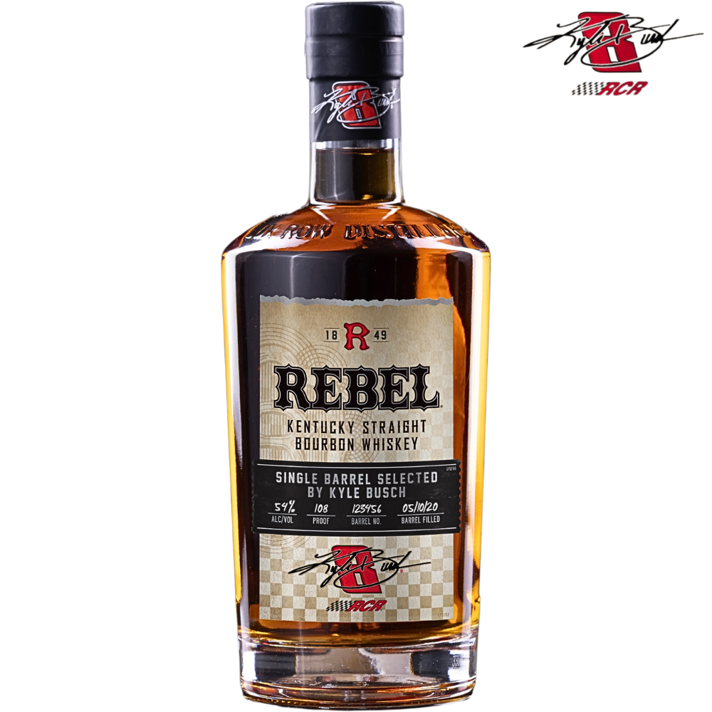 Rebel Kyle Busch Single Barrel Kentucky Straight Bourbon Whiskey 108 Proof 2026 Limited Edition 750ml bottle with Kyle Busch signature and Richard Childress Racing RCR logo